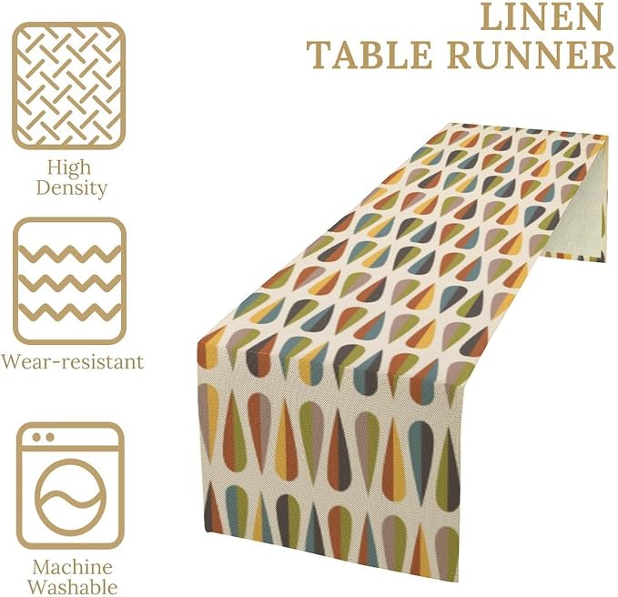Mid Century Modern Table Runner, Abstract Geometric Drop Shapes Pattern Style Table Runner Country Farmhouse Cottage Linen Table Decoration for Home Kitchen Dining,13x120 Inch