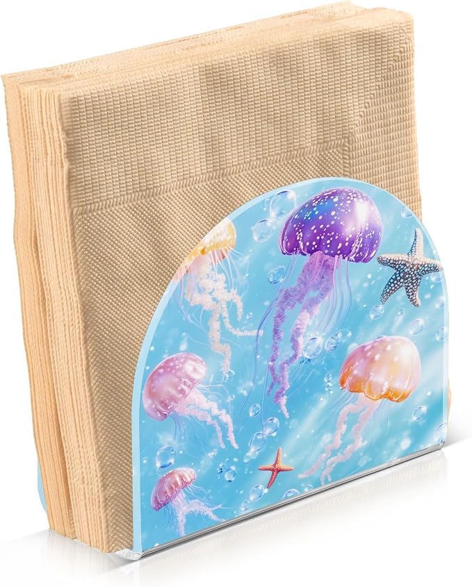 Napkin Holder Acrylic Napkin Holder for Table Kitchen Party Restaurant U Shaped Upright Napkin Dispenser Organizer Blue Jellyfishes Bubbles and Starfish