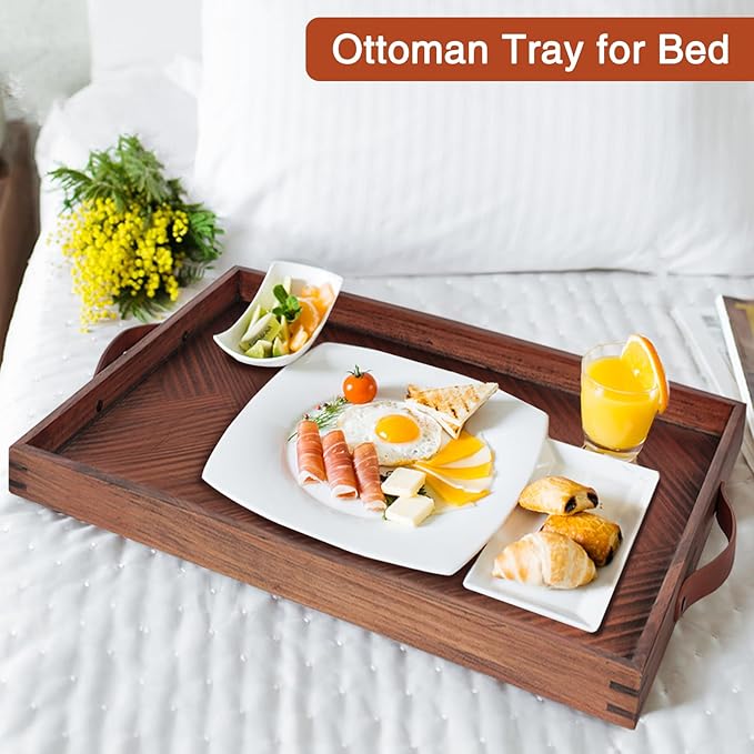 SXNOWS Large Ottoman Wooden Trays, Wood Serving Tray with Handles, Large Ottoman Tray, Wooden Serving Trays for Coffee Tables, Living Rooms and Kitchens, 24 x 16 inch