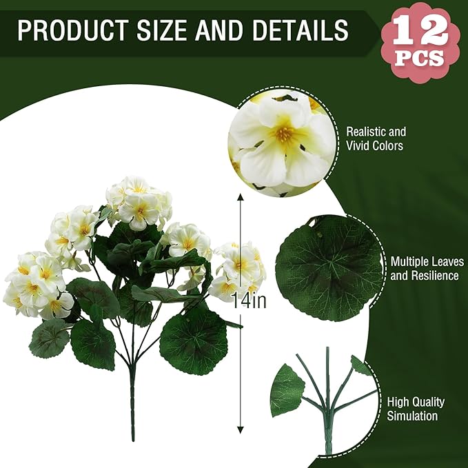 Hananona 12 Pcs Artificial Geranium Flowers for Outdoors Geranium Silk Flowers Outdoor UV Resistant Garden Plants Faux Flowers for Home Kitchen Table Centerpieces Decor (12, Snow White)