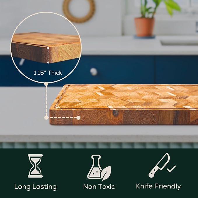 EZ FURNITURE Medium (M) Teak Edge Grain Cutting Board, Reversible, Knife-Friendly Charcuterie Wood Cutting Board, Juice Groove & Handles, Non-Toxic, Gift Box Included (Herringbone, 17" x 13" x 1.15")