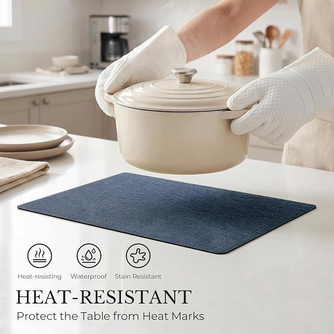 Romanstile Vinyl Placemats Set of 6, Reversible Faux Leather Heat Resistant Wipeable Table Mats, Waterproof Washable Non-Slip Table Placemats for Dining/Kitchen/Outdoor (Grey Nave Blue, 12" x 17")