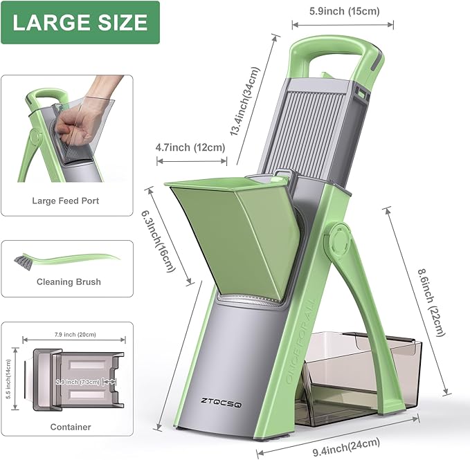 [All in 1] Upgraded Version Safe Mandoline Slicer for Kitchen, Adjustable Thickness. Veggie Slicer, Rapid Prep Mandoline, Detachable Blade, Cleaning Brush (Green)