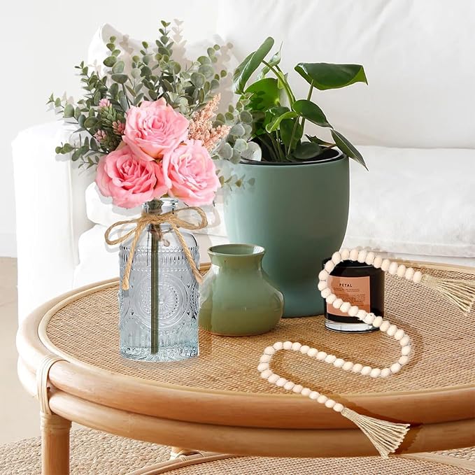 Fake Flowers with Vase, Silk Roses Artificial Flowers in Vase, Faux Flower Arrangement with Vase Suitable for Home Office Decoration, Dining Table Centerpiece (Pink Faux Flower+Bead Garland)