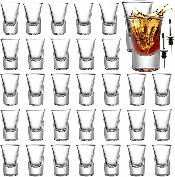 Tebery 30 Pack Shot Glass Bulk Heavy Base, 1.2 Oz Tequila Glass Set with 2 Bottle Pourer, Clear Small Whiskey Shot Glass Cups for Vodka, Liquors, Cocktail, Espressos, Bar