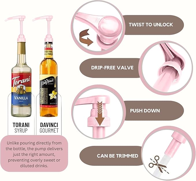 Syrup Pump Compatible with Torani, Davinci and Skinny (Set of 2) - fits Bottles (25.4 oz-750ml) (Pink)