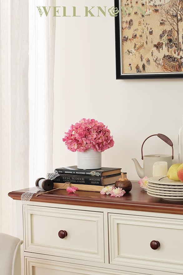Pink Hydrangea Fake Flowers in Vase, Spring Artificial Flowers with White Ceramic Vase, Small Faux Potted Floral Arrangements for Home Bathroom Kitchen Vanity Shelf Coffee Table Centerpiece Decor Gift