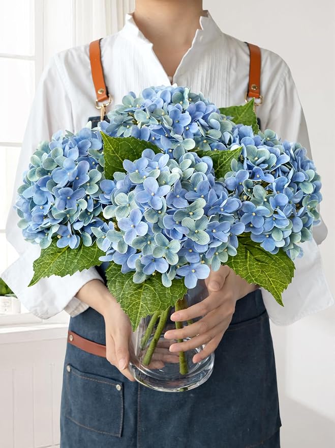JINWOE 4Pcs Hydrangea Artificial Flowers, 20" Lifelike Latex Silk Real Touch Faux Hydrangea Flowers, Artificial Hydrangeas Bouquet for Wedding Centerpieces Tables Party Home (Blue)