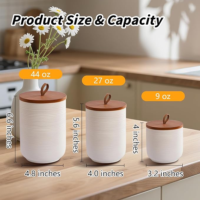 Food Storage Jar Strong Ceramic Storage Canisters with Airtight Wooden Lid,Kitchen Storage Containers for Serving Coffee Beans, Tea, Sugar, Salt, Spices (Big white 44 oz)