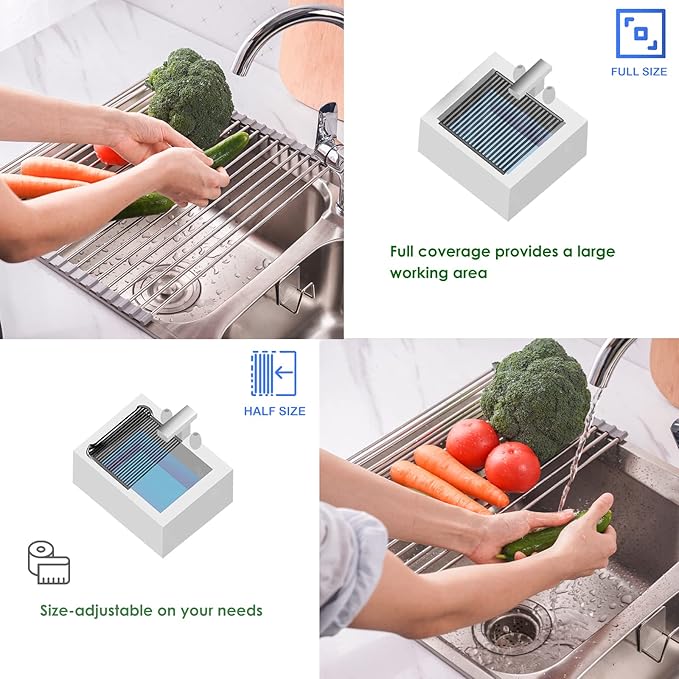 Tomorotec Roll Up Dish Drying Rack Over the Sink Grey Large Dish Drying Rack Rolling Foldable Collapsible SUS304 Stainless Steel Multipurpose Dish Drainer for Kitchen Counter (21”x11.8”)