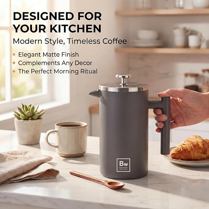 Barista Warrior French Press Coffee Maker - Double-Wall Stainless Steel Insulated French Press with Built-In Thermometer, Dual Filters Coffee Maker with Wooden Spoon - Grey