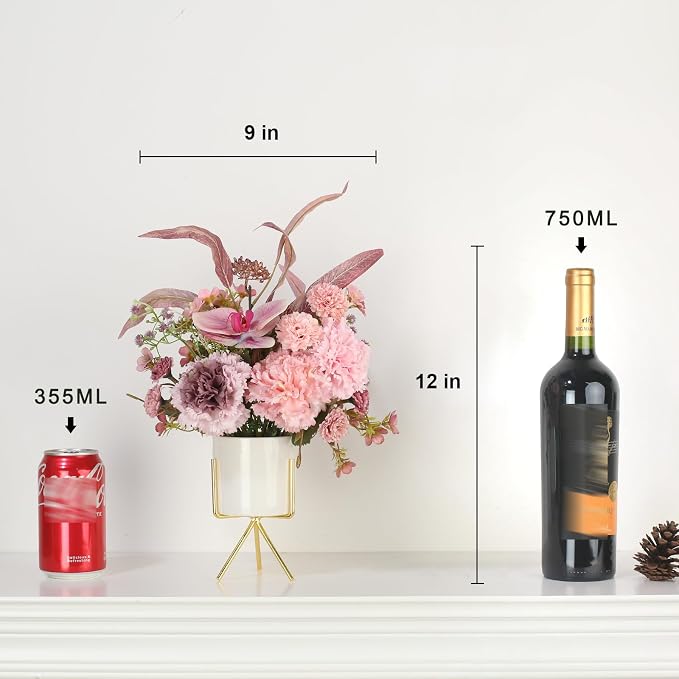 Artificial Pink Carnation and Orchid Flower Arrangement in White Ceramic Vase with Gold Stand (Pink)