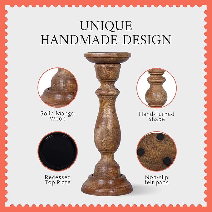 Mela Artisans 6”, 9” & 12” Mango Wood Pillar Candle Holder Set of 3 – Tuli Design Medium Polish – Wooden Candle Holders for Table, Mantel & Living Room Décor