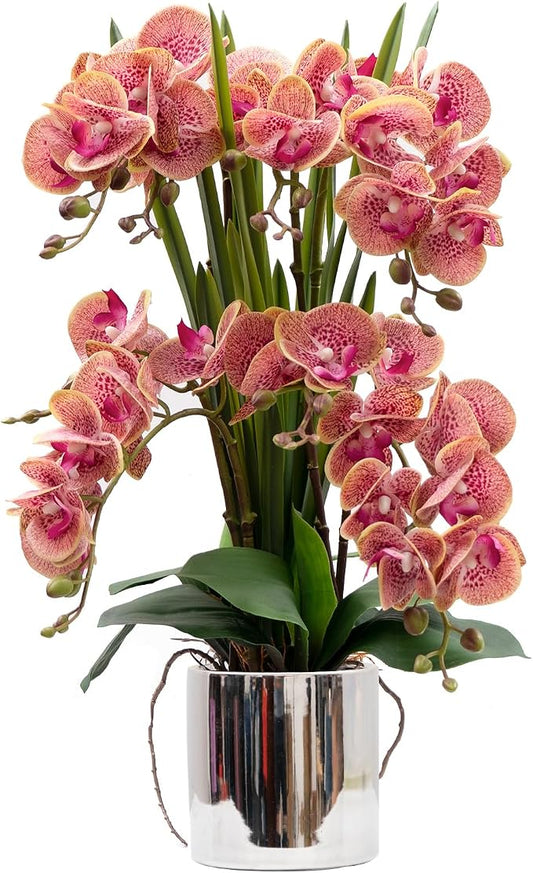 CXGS Artificial Orchid Flower Plants Real Touch Faux Orchids in Ceramic Vase 20.9'' Purple Dapple Phalaenopsis Orchid Fake Flower Arrangement Home Indoor Decor