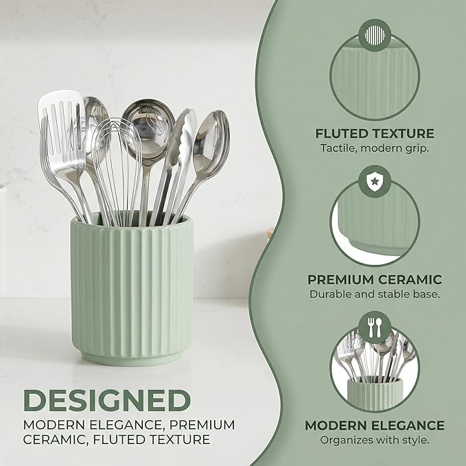 Small Utensil Holder for Kitchen Counter (H5.51” x W4.92”), Countertop Utensil Holder for Kitchen Ceramic, Utensils Crock for Countertop, Includes Silicone Drying Mat, White