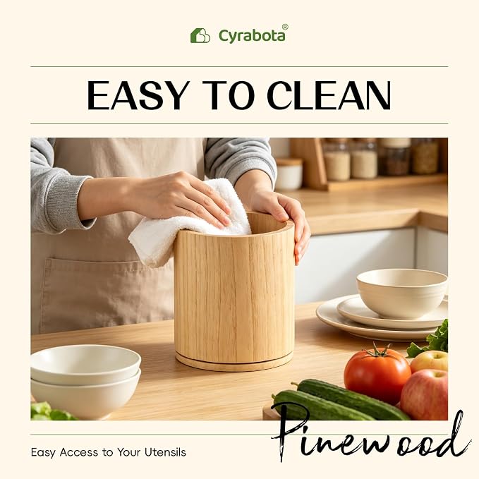 Pine Wood Utensil Holder 360°Rotating Anti-Tip Design for Kitchen Counter,Cooking Utensil Crock for Countertop , Large Utensil Organizer for Spatula (Pine wood)