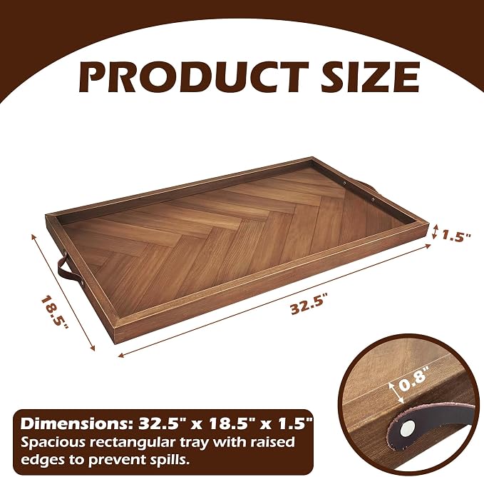 Extra Large Ottoman Tray Rectangle, 32.5"x18.5" Wooden Ottoman Trays with Leather Handles, Rustic Decorative Storage Tray for Ottoman