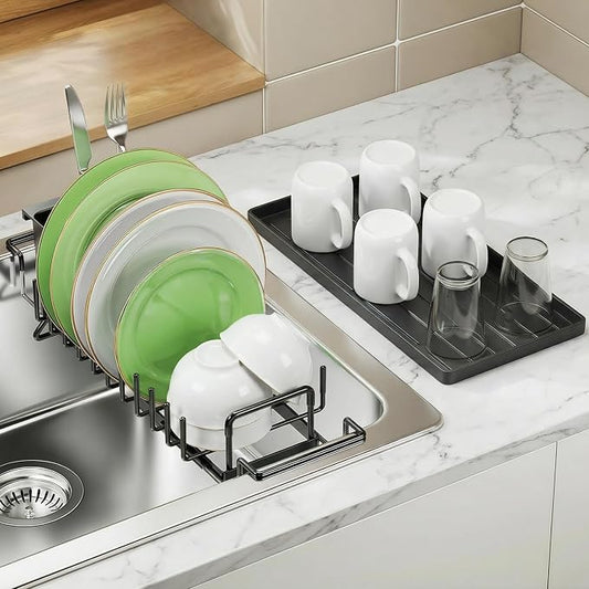 Small Dish Drying Rack in Sink, Expandable Dish Rack Over Sink with Silicone Drying Tray, Rustproof Compact Dish Drainer for Kitchen Counter with Utensil Holder, Fit for 14’’-19.5’’, Black
