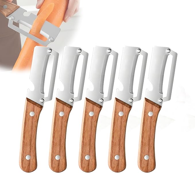 Sakerplus Multifunctional Vegetable Peeler, Ergonomic Wooden Handle Stainless Steel Blade, Contour-Flow for Kitchen Prep, Camping, and Outdoor Cooking (5 pc)