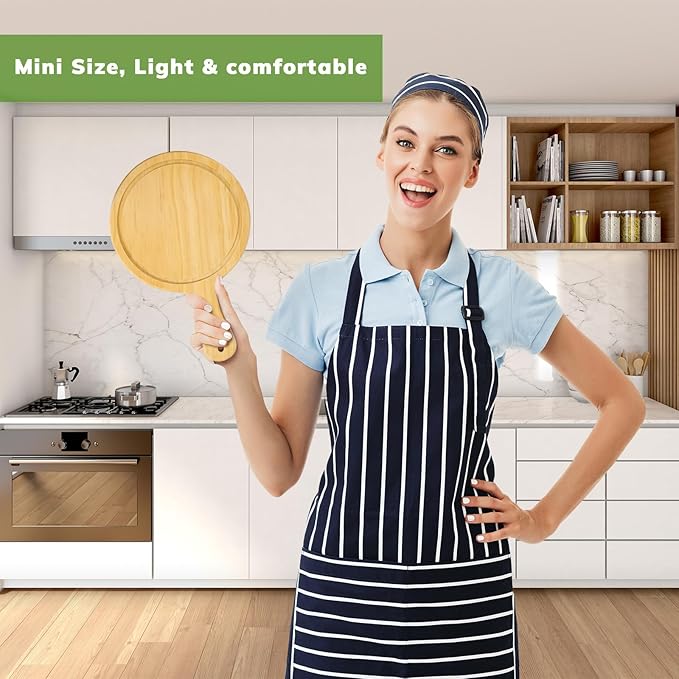 LorisArm 7" Mini Pine Wood Cutting Board with Handle, Small Serving board Wooden Round Pizza Peel Paddle for Homemade Baking Pizza Bread Cake Fruit Vegetables.