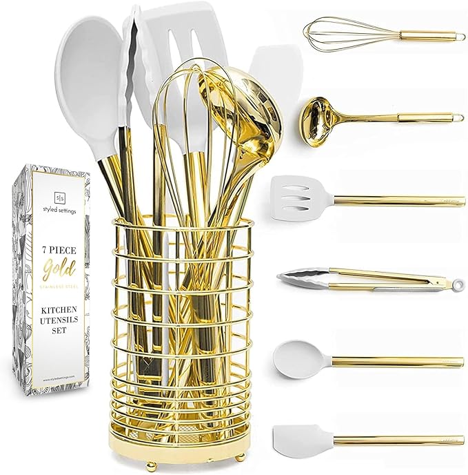 White Silicone and Gold Cooking Utensils Set with Gold Utensil Holder - 7-Piece Silicone Cooking Tools - Ideal for Nonstick Cookware and Stylish Modern Kitchens - Luxury Kitchen Accessories.