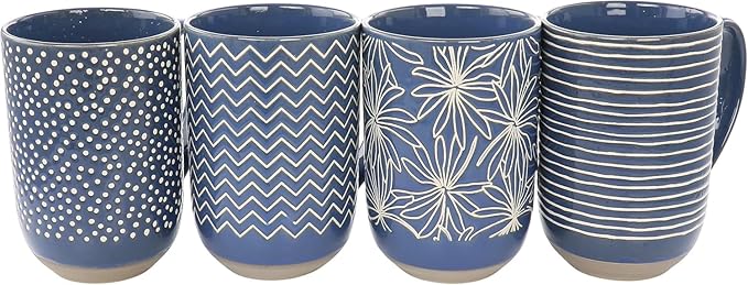 Laurie Gates Madrina 4-Piece 19 oz Stoneware Mug Set – Mint Green Ceramic Coffee Mugs with Assorted Wax Relief Designs, Microwave & Dishwasher Safe Tea Cups for Hot Beverages (Blue)