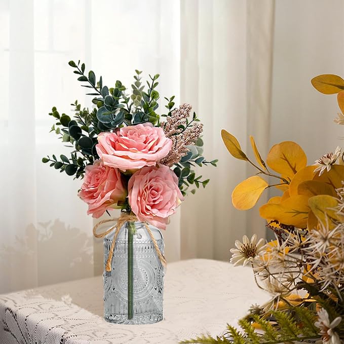 Silk Flowers with Vase, Artificial Flowers Arrangement with Glass Vase Artificial Flowers Bouquet for Decoration Table Centerpiece (Pink)