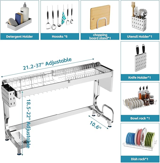 MINGLING Over Sink Dish Drying Rack Kitchen Dish Rack Over Sink Height & Width Adjustable Large Over Sink Dish Drainer Rack Full Stainless Steel (W21.2-37"~ H18.5-22" Silver)