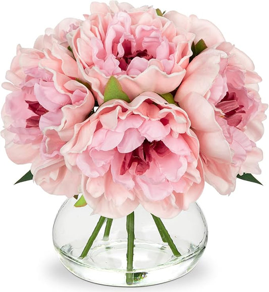 Hollyone Light Pink Peonies Artificial Flowers with Vase Faux Flowers Peony Fake Flowers Silk Flower Arrangements in Glass Vase with Faux Water for Bathroom Table Centerpiece Shelf Home Decor