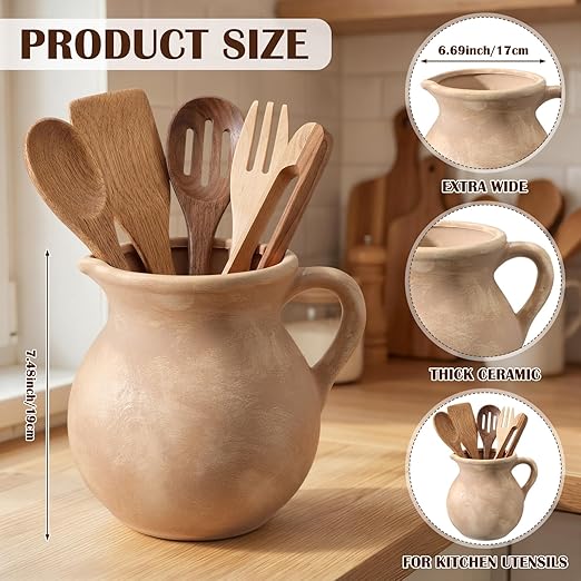 Potchen Rustic Kitchen Utensil Holder with Handle,7.48" H Ceramic Vintage Utensil Crock for Countertop, Farmhouse Kitchen Decoration Ceramic Pot for Spatulas Spoons Tongs(Classic,Antique Beige)