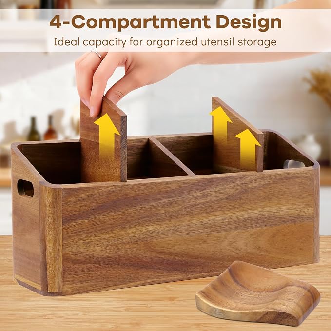 Wooden Kitchen Utensil Holder Countertop, Wooden Cooking Utensil Holder | Wood Kitchen Utensil Organizer 4 Compartments, Countertop Spoon HolderDecor