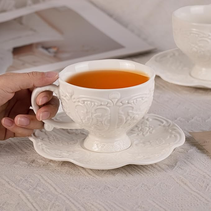 KAMMAK Tea Cups and Saucers Set of 2, Porcelain Coffee Cups, 7.8-Ounce Stackable Espresso Mugs, Ceramic Demitasse for Coffee, Latte, Americano, Tea, Britney