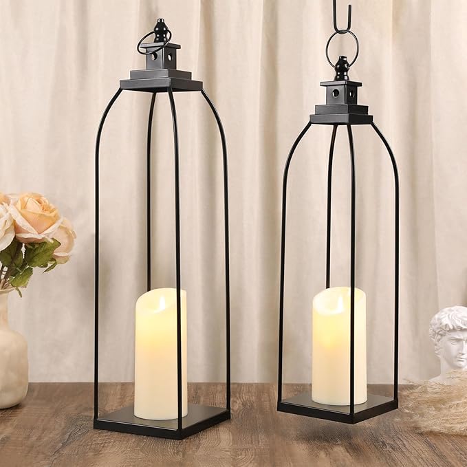 DARJEN 19'' 22'' Decorative Candle Lanterns, Large Farmhouse Decorative Metal Lanterns with 2 Flameless Candles, Black Candle Lanterns for Home Porch Fireplace Decor & Indoor and Outdoor Use