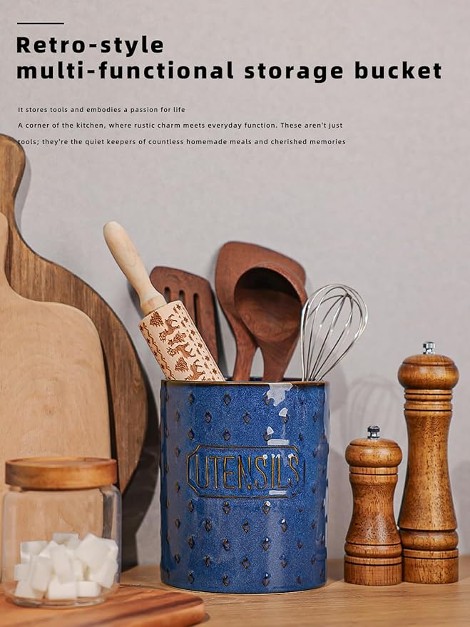 Ceramic Utensil Holder, 7" Utensil Crocks for Kitchen Counter, Cooking Utensil Organizer with Countertop Protection, Farmhouse Kitchen Decor (Vintage Blue, 7")