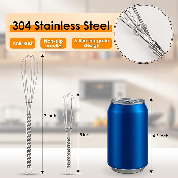 HOTEC 5 & 7 Inch Mini Whisks Anti-Rust 304 Stainless Steel Small Whisk for Cooking, Baking, Mixing Ingredients & Deep Containers