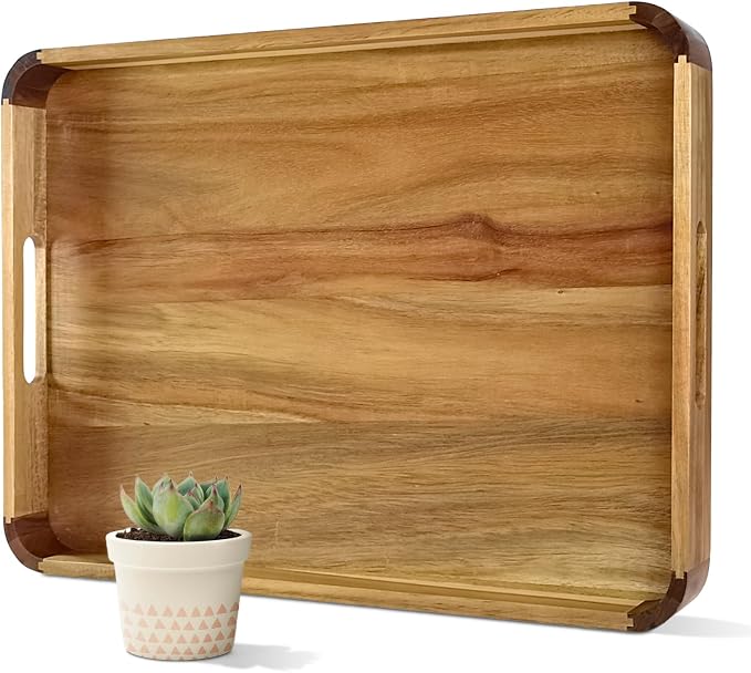 22 inches Acacia Wood Ottoman Serving Tray with Handles & Rounded Corners | Large Rectangular Decorative Wooden Tray for Living Room Kitchen Coffee Table Couch Bed