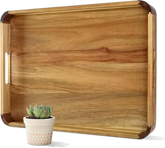 22 inches Acacia Wood Ottoman Serving Tray with Handles & Rounded Corners | Large Rectangular Decorative Wooden Tray for Living Room Kitchen Coffee Table Couch Bed