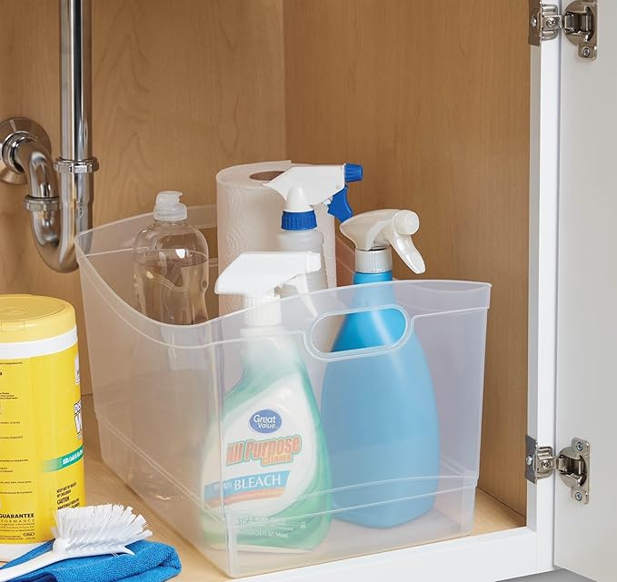 Clear Plastic Open-Top Storage Bins with Handles, 2-Pack Stackable Pantry Organizer Baskets for Kitchen, Bathroom, Closet & Cabinet Organization
