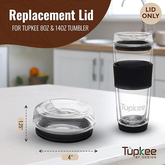 Glass Sip Lid Black - Replacement Double Wall Glass Tumbler, 14oz & 8oz Hand Blown Travel Mug