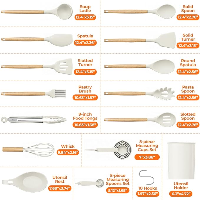 WISELIFE Kitchen Utensils Set - 33 PCS, Heat-Resistant Silicone Cooking Utensils Set with Wooden Handle, BPA-Free Kitchen Gadgets Spatula Sets with Holder for Nonstick Cookware (White)