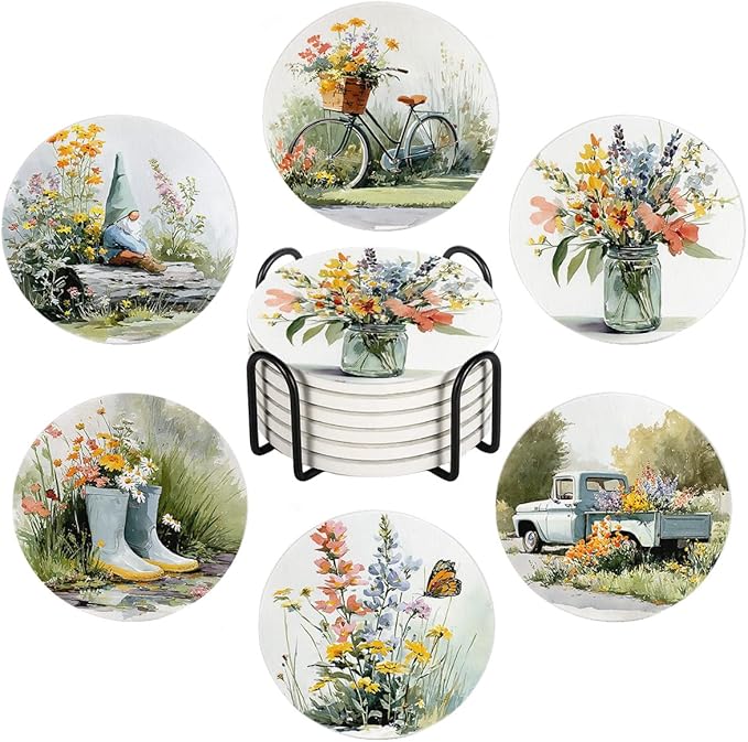 Spring Drink Absorbent Coasters with Holder Set of 6, Ceramic Stone with Cork Base, Watercolor Floral Wildflowers Coaster for Drinks, Gift for Housewarming Room Bar Home Decor Kitchen