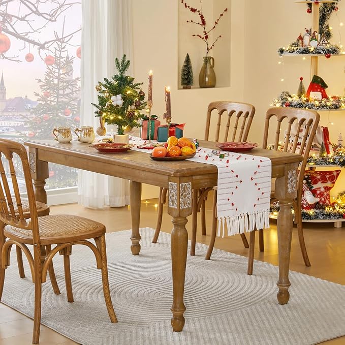 Wracra Christmas Table Runner, Natural Cotton Woven Macrame Table Runners 60 Inches Long for Christmas Decorations,Modern Farmhouse Woven Home Decor, 14x60 Inch, Red