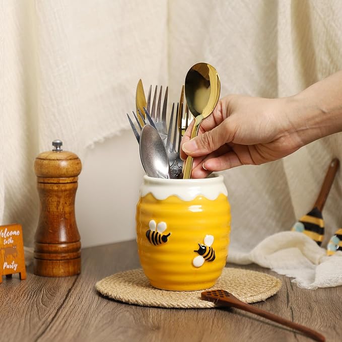Utensil Holder, Honey Pot Caddy Cutlery Holder Silverware, Ceramic Utensils Organizer Elegant , Spoon Holder for Kitchen Table
