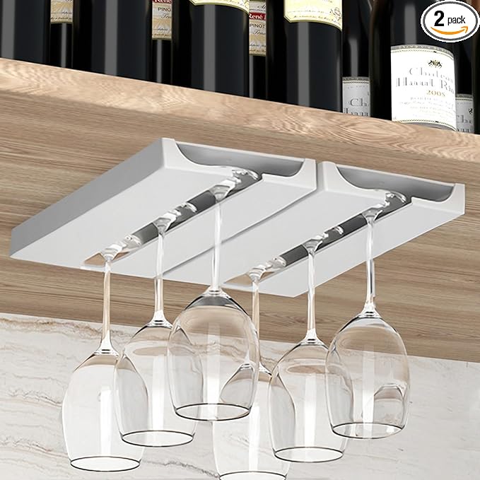 Wine Glass Holder Under Cabinet - 2 Pack Rack, Punch-Free Stemware Storage Hanger, Plastic Organizer for Bar, Self-Adhesive (Classic White)