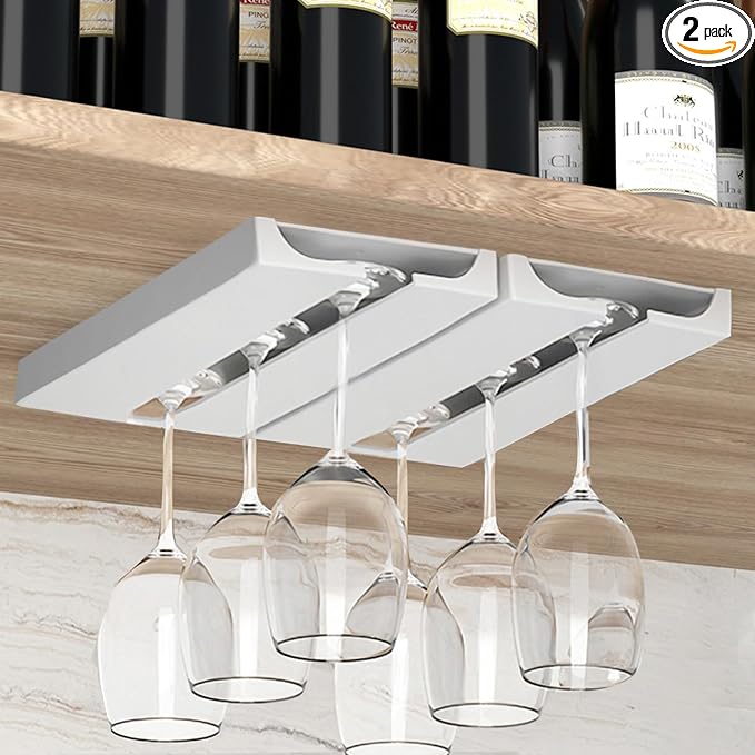 Wine Glass Holder Under Cabinet ，Wine Glass Rack - Under Cabinet Stemware Wine Glass Holder Glasses Storage Hanger plastic Organizer for Bar Punch-free Self-adhesive 2 Pack（White）