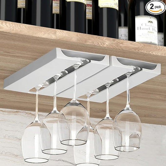 Wine Glass Holder Under Cabinet ，Wine Glass Rack - Under Cabinet Stemware Wine Glass Holder Glasses Storage Hanger plastic Organizer for Bar Punch-free Self-adhesive 2 Pack（White）