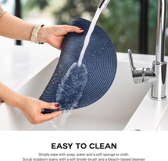 Baroyal Round Placemats Set of 4 Plastic Woven Placemats Washable Wipeable Table Mats for Dining Table Heat Resistant Non-Slip Circle Place Mats (Navy Blue)