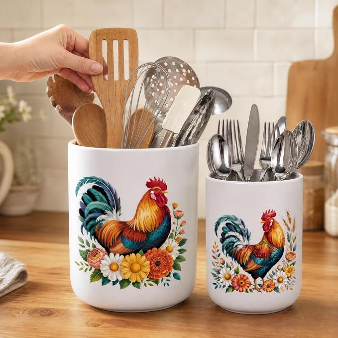 2 Pcs Rooster Ceramic Utensil Holder, Cute Rooster Utensils Holder Kitchen Decor for Farmhouse Indoor Kitchen Decorations Rustic Farmhouse (6.3 inch/5.1 inch)
