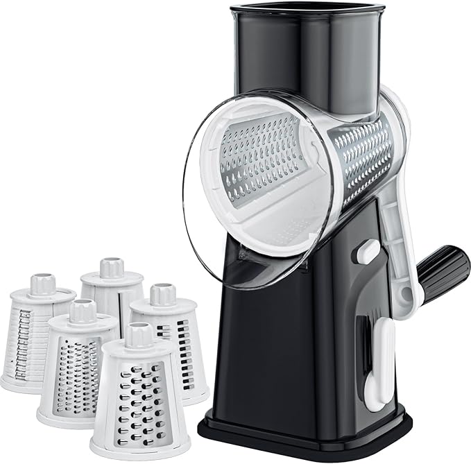 Ourokhome Rotary Cheese Grater Cheese Shredder with 5 Interchangeable Blades, Rotary Grater with Non-slip Suction Base Hand Crank Slicer for Vegetable Nuts Black