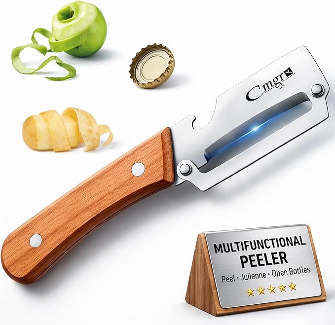 Vegetable Peeler, Multifunctional Stainless Steel Potato & Fruit Peeler with Bottle Opener, Wooden Handle Kitchen Tool, Zero Snag Design